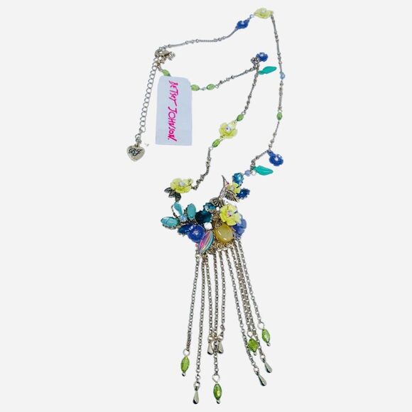Betsey Johnson Hummingbird Flower Statement Necklace 29"  Tassel Spring Ahead - Picture 7 of 14